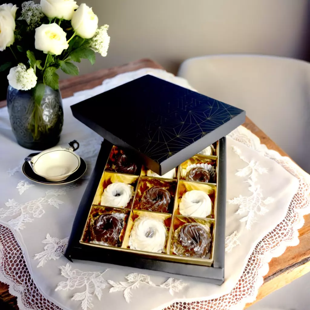 Premium chocolate box with Peanut Caramel Bliss and Sesame Velvety Crunch